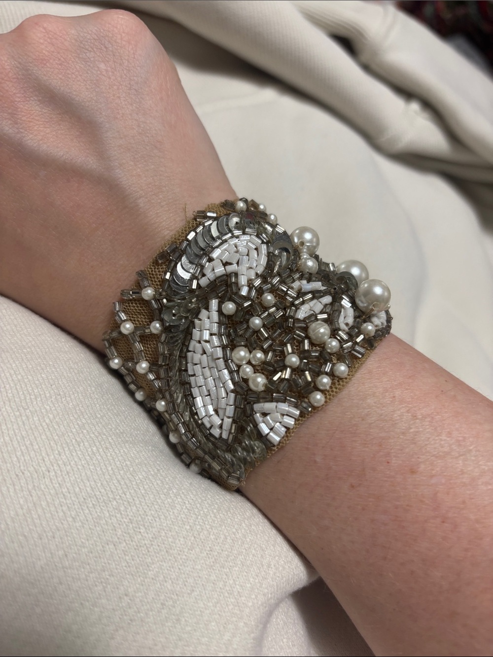 Roark Embellished Beaded Bracelet Patch in White, Silver & Tan